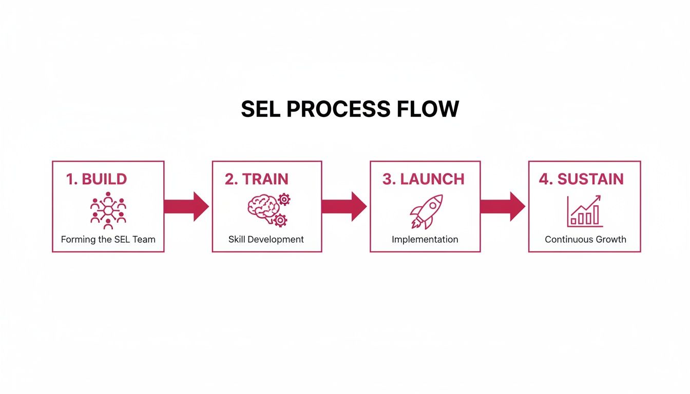 A four-step SEL process flow diagram showing build, train, launch, and sustain stages with icons.