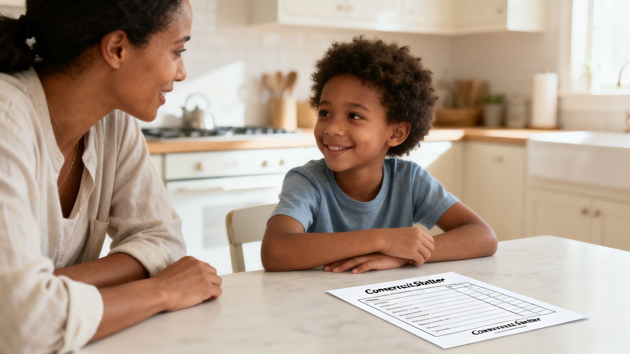 A smiling mother and son sit at a kitchen table, looking at each other, with a worksheet.