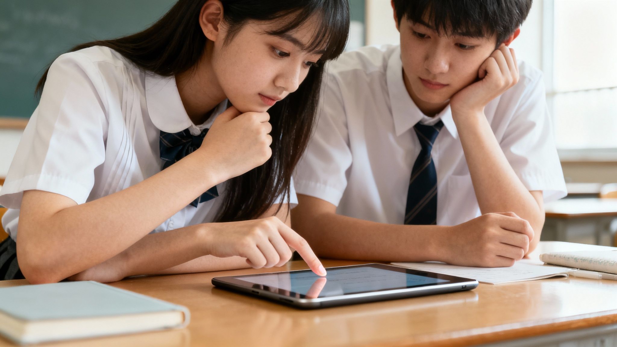 Students in uniform collaborate on a digital tablet in a bright classroom setting.