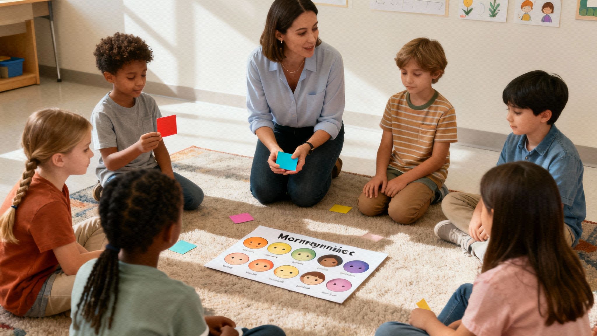 A teacher and six diverse elementary school children sit on a rug, engaging in a learning activity with colorful cards and a poster.