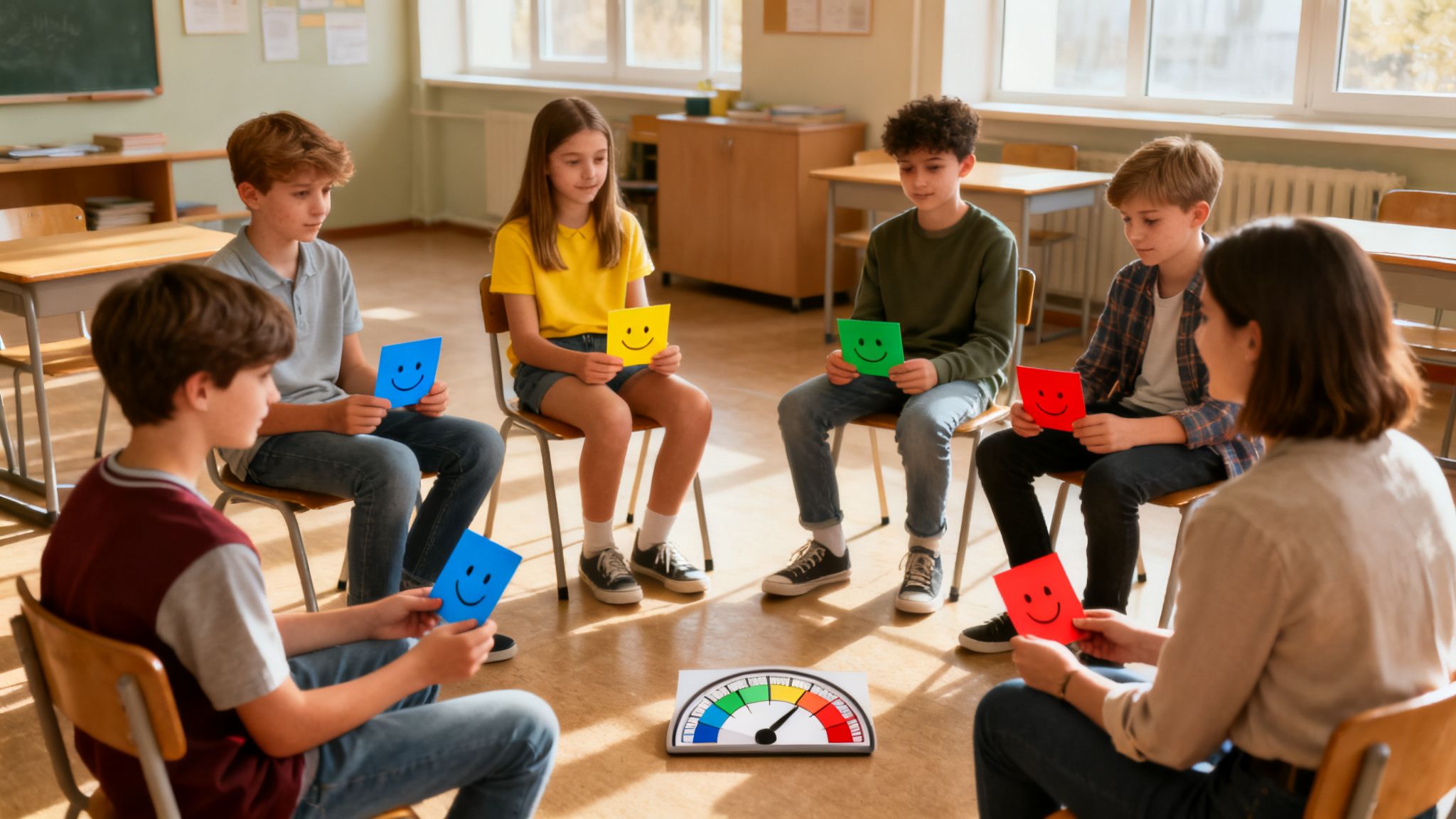 Middle school students and a teacher in a classroom circle, holding colorful emotion cards.