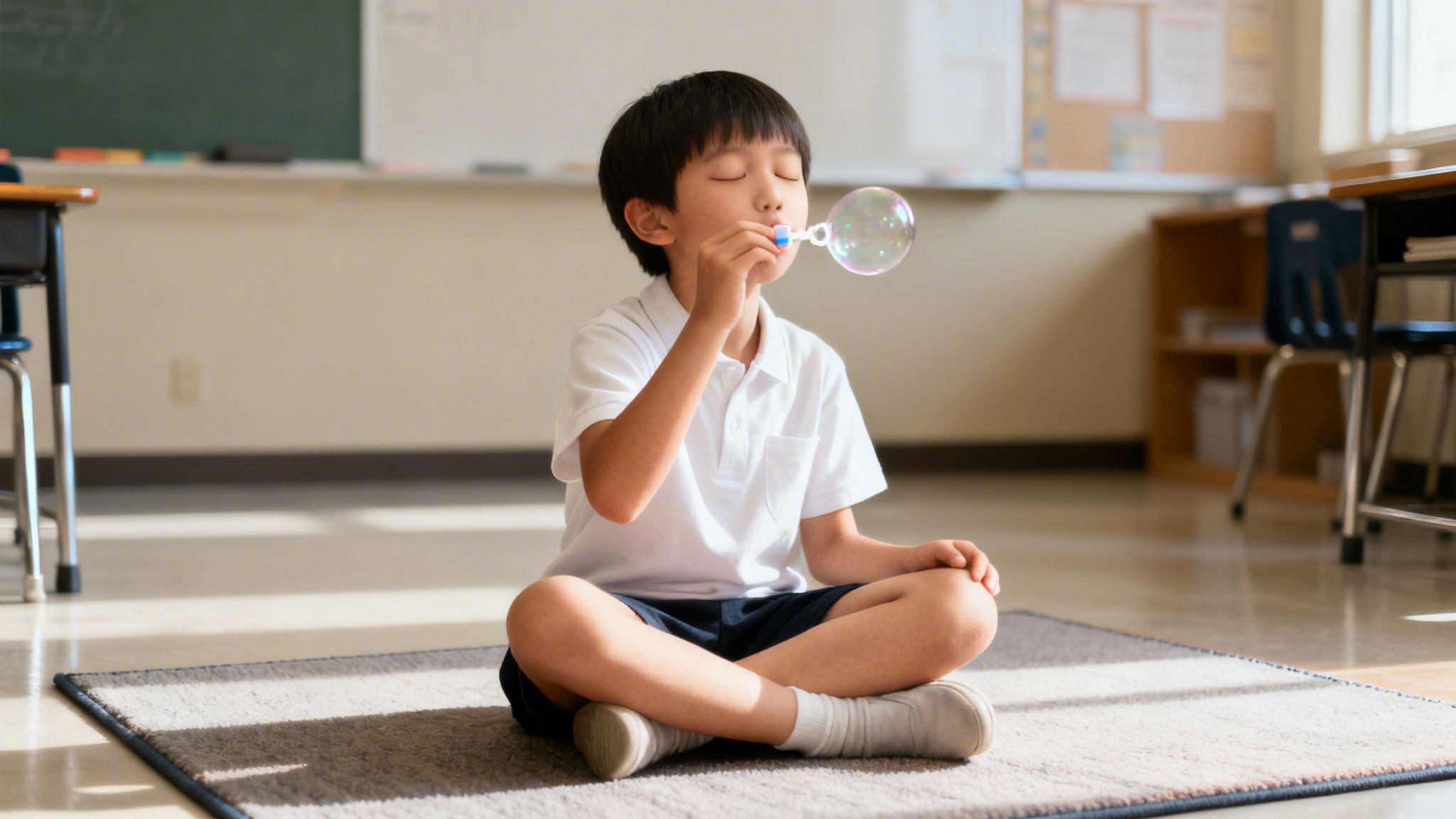A young boy sits calmly in a sunlit classroom, blowing bubbles with his eyes closed.