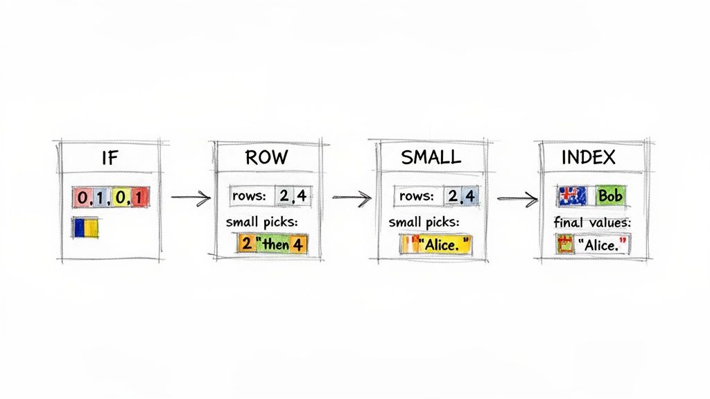Flowchart diagramming a data processing sequence through IF, ROW, SMALL, and INDEX steps with values.