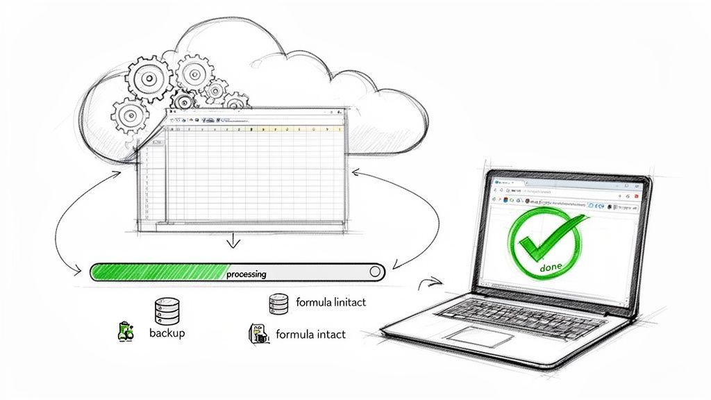 Diagram showing cloud-based processing of spreadsheet data from Excel, ensuring backup and formula integrity, with successful completion on a laptop.