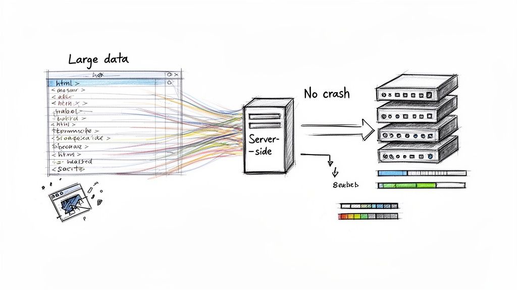 Hand-drawn diagram depicting large HTML data flowing into a server for crash-free conversion and processing.