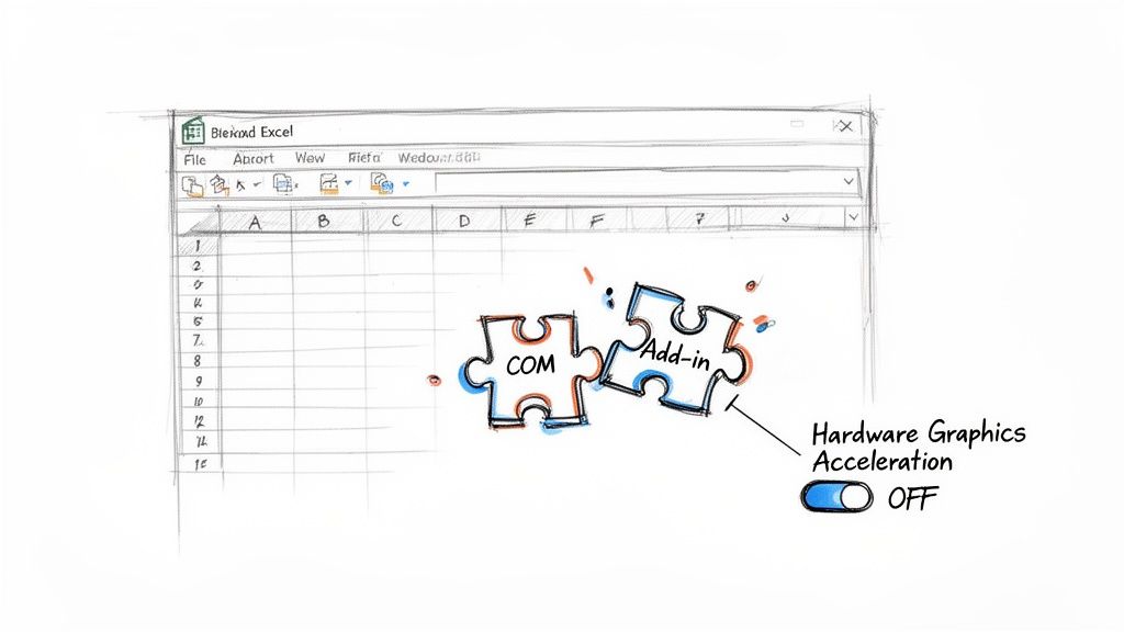 A sketch showing an Excel window with two puzzle pieces labeled "COM" and "Add-in", and a "Hardware Graphics Acceleration OFF" toggle.