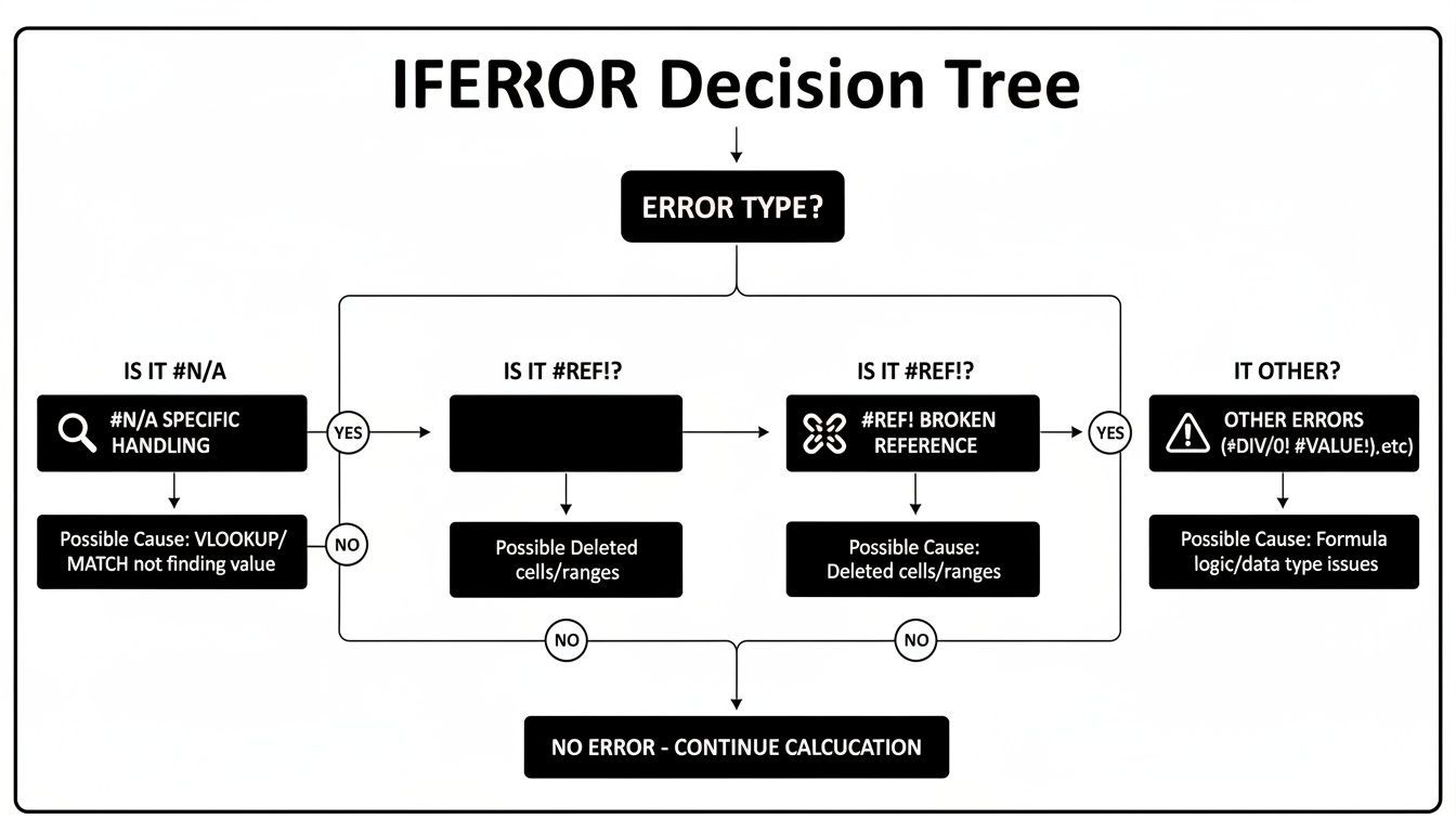 IFERROR decision tree flowchart guiding through different spreadsheet error types and their possible causes.