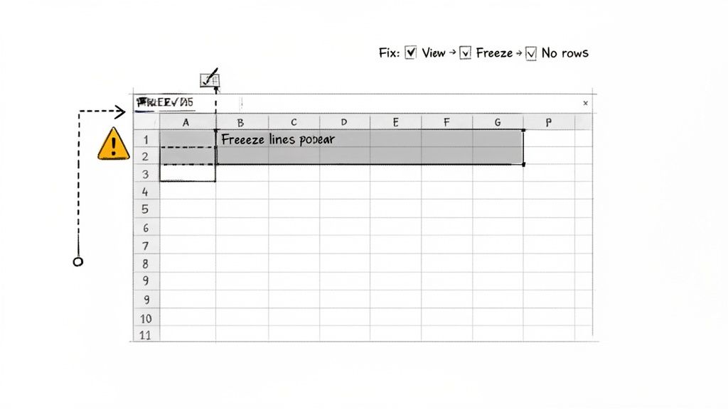A spreadsheet showing an error 'Freeze lines disappear' with a warning icon and fix instructions: View, Freeze, No rows.