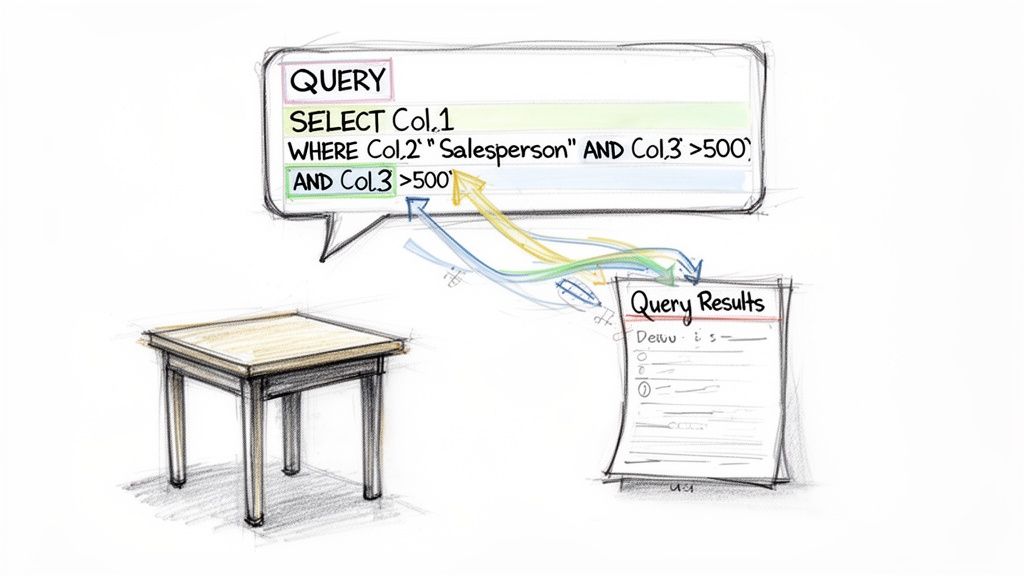 A hand-drawn sketch showing a SQL query selecting data from a table, yielding specific results.