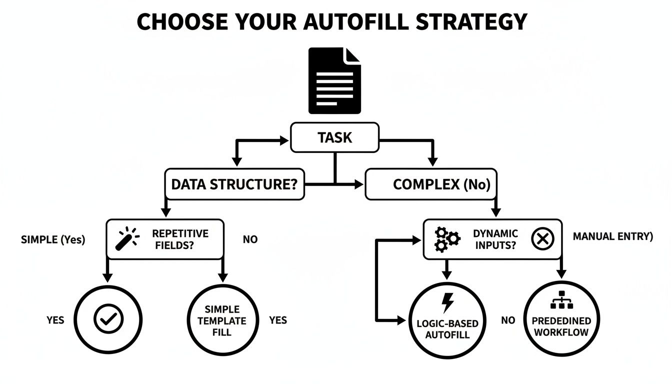 Flowchart illustrating different autofill strategies based on task complexity and data structure.