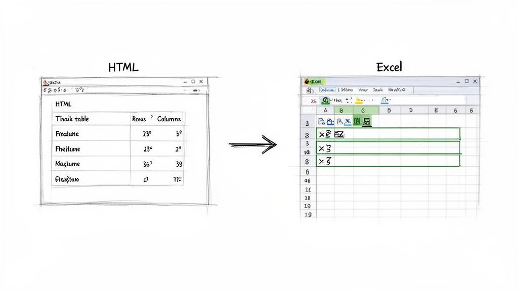 Diagram illustrating the conversion process of data from an HTML table structure to an Excel spreadsheet.