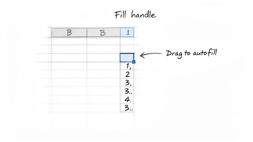 A sketch showing a spreadsheet cell with '1' selected, highlighting the fill handle for autofill.