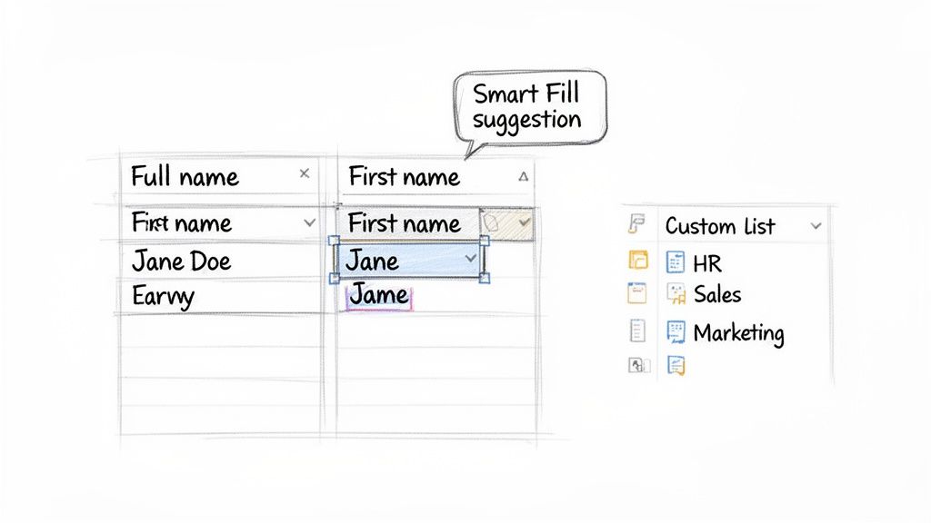 A spreadsheet demonstrating Smart Fill extracting 'Jane' from 'Jane Doe', alongside a custom list of departments.