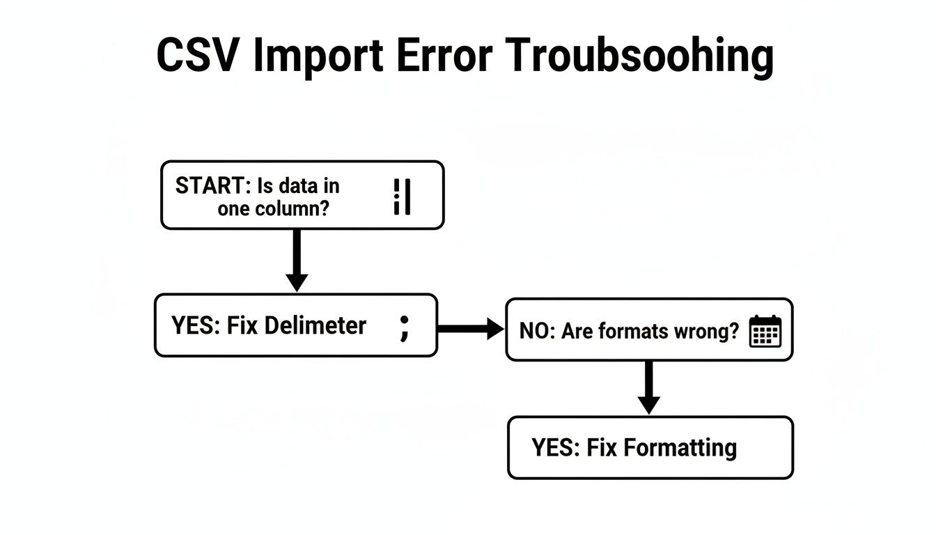 A flowchart detailing CSV import error troubleshooting steps, including fixing delimiters and data formatting.