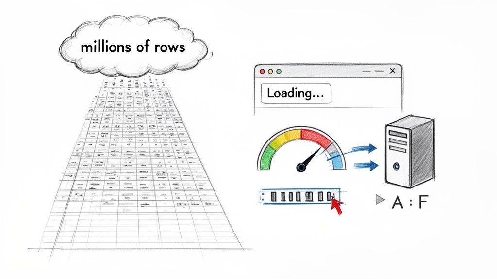 Illustration of millions of data rows from a cloud loading slowly into a server, showing high processing load.