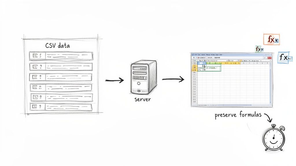 Diagram showing CSV data processed by a server into a spreadsheet, preserving formulas and saving time.