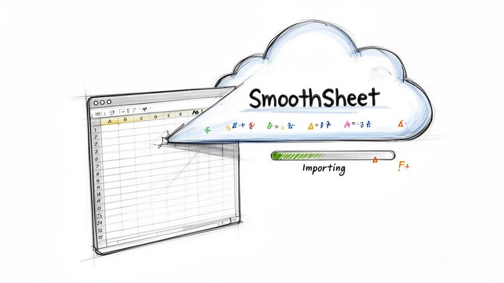 A sketch shows a spreadsheet program importing data into a cloud service named "SmoothSheet".