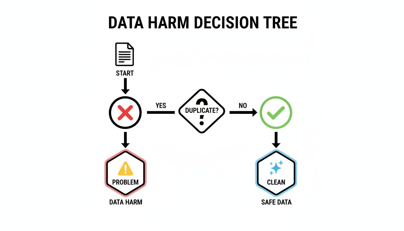 A data harm decision tree flowchart illustrates the process of identifying and handling duplicate data for safety.