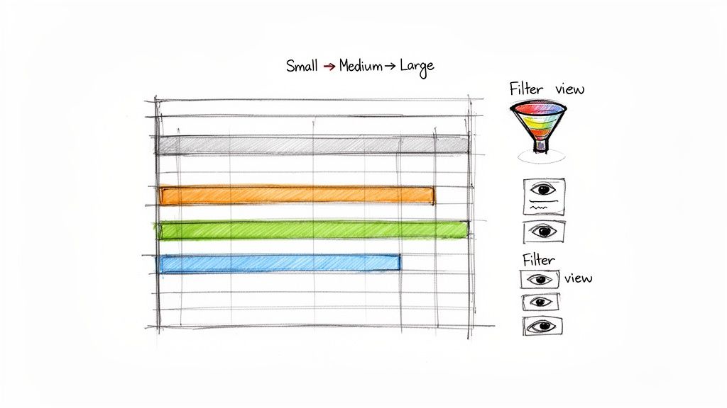 A hand-drawn sketch displaying a bar chart with colored bars ordered by size, alongside filter view icons.