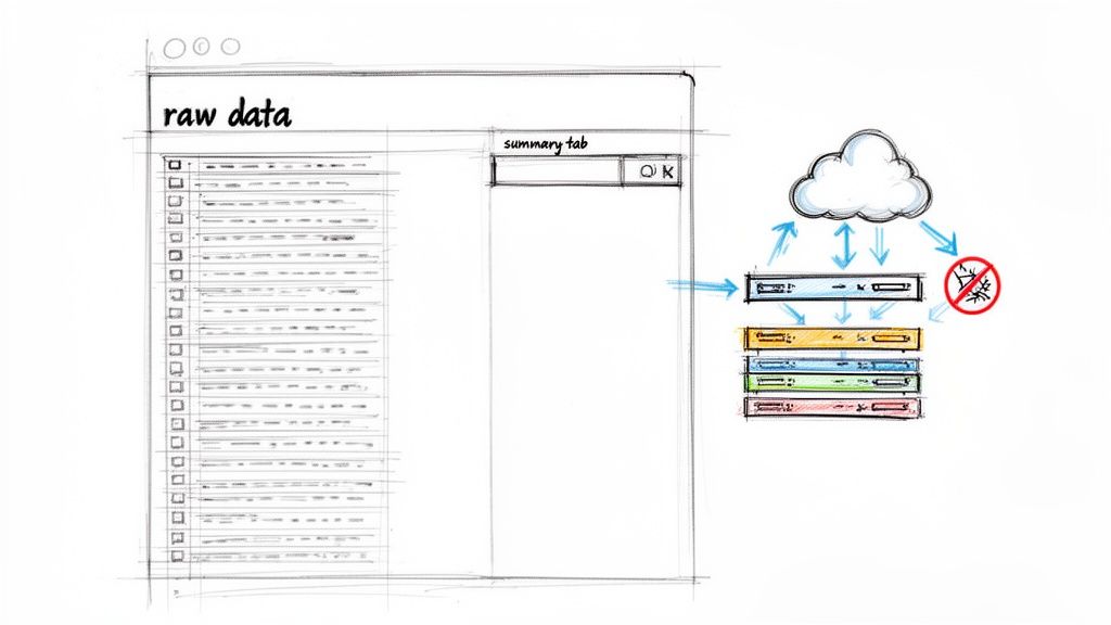 Wireframe illustrating data flow from raw data through cloud storage, ensuring no bugs.