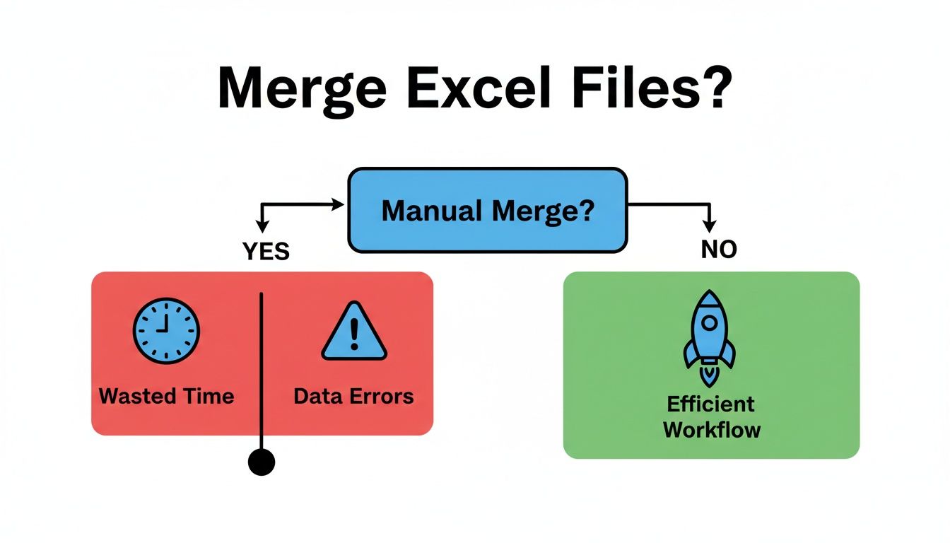 A flowchart demonstrating the choice between manual and efficient Excel file merging, highlighting wasted time and data errors for manual.