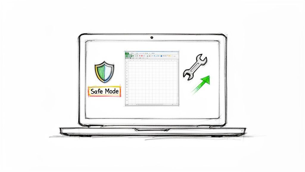 Sketch of a laptop screen displaying a shield, 'Safe Mode' text, an Excel spreadsheet, a wrench, and an upward arrow, illustrating troubleshooting.