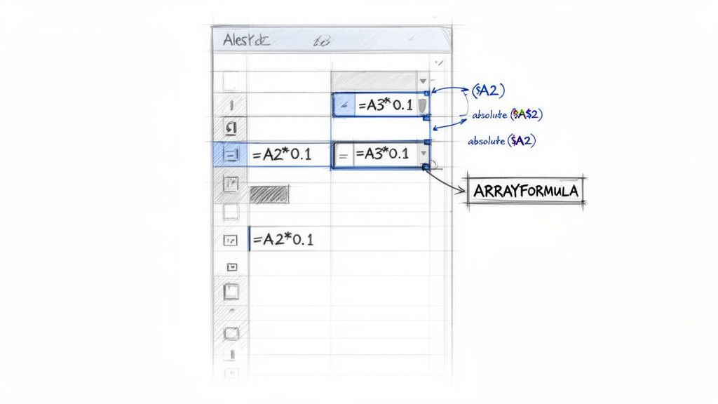 A hand-drawn sketch showing spreadsheet formulas with relative and absolute cell references, and ARRAYFORMULA.