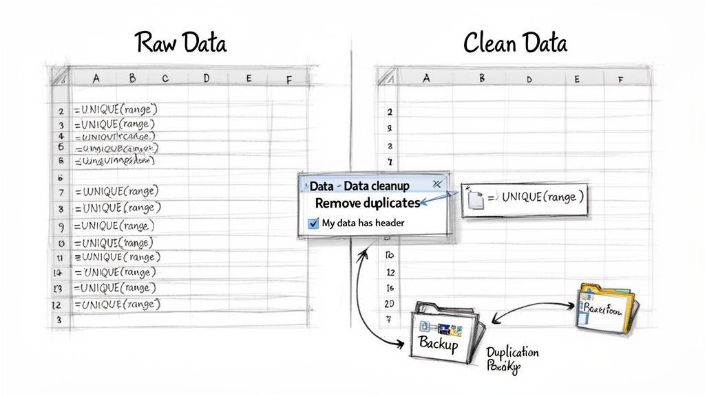 Visualization comparing raw data with clean data after removing duplicates using a spreadsheet cleanup tool.