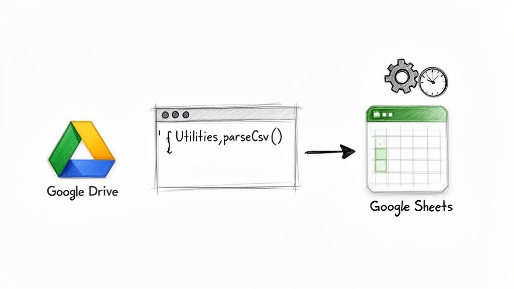 Diagram showing a CSV file from Google Drive being parsed by a utility and imported into Google Sheets.