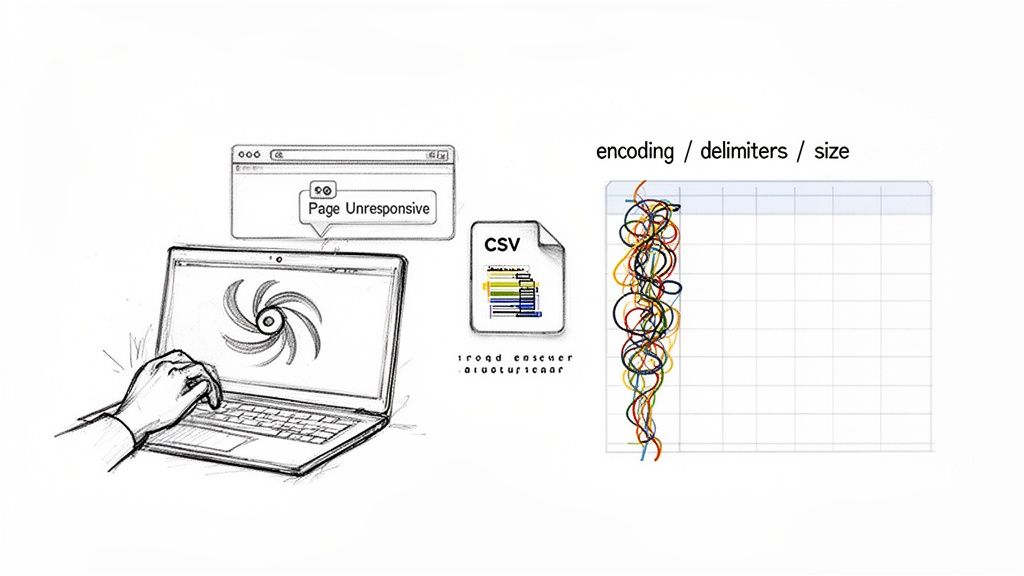 Illustration of a laptop with an unresponsive page and a CSV file, depicting data import issues like encoding, delimiters, and size problems.