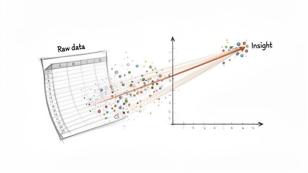 Raw data from a spreadsheet transforming into insightful visualizations on a graph.