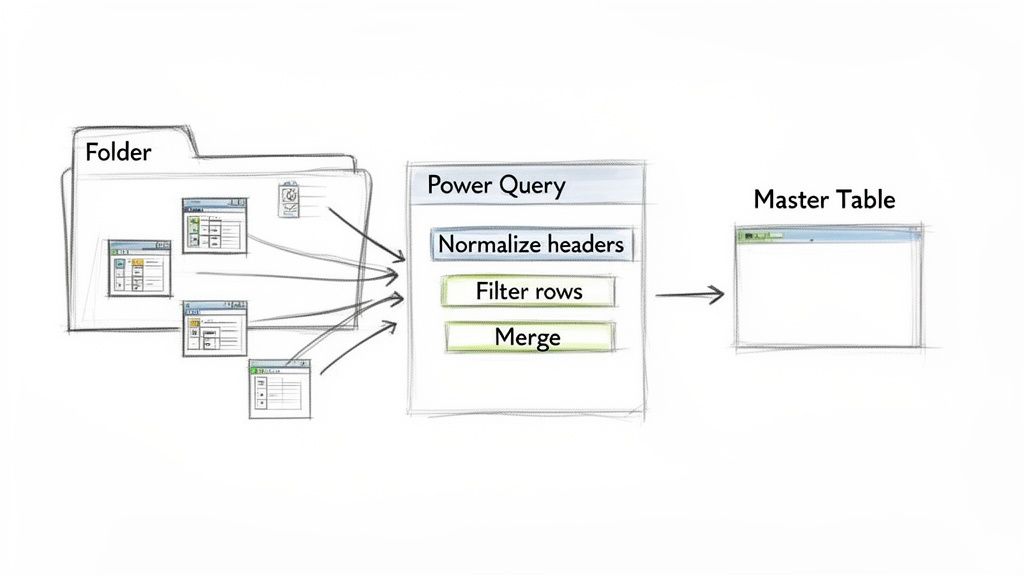 Diagram: Files from a folder processed by Power Query to normalize, filter, and merge into a master table.