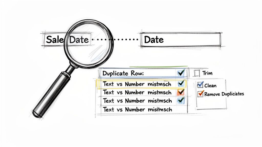 An illustration of data cleaning processes, showing duplicate row detection and data type mismatches.