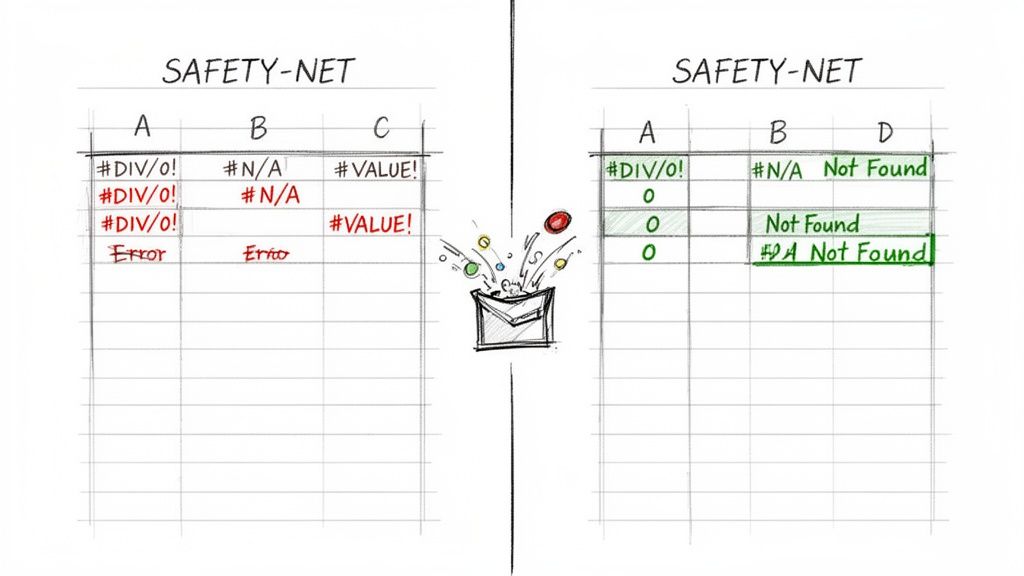 A spreadsheet comparison illustrating unhandled errors versus handled errors like '0' and 'Not Found'.