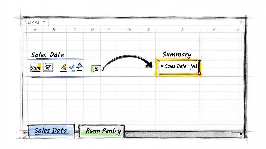 A sketch demonstrating how to link data from one sheet to another in a spreadsheet program.