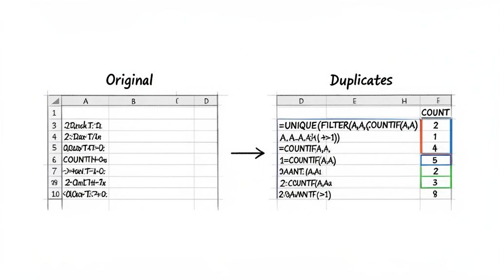 Spreadsheet example demonstrating how to find and count duplicate values using formulas like UNIQUE and COUNTIF.