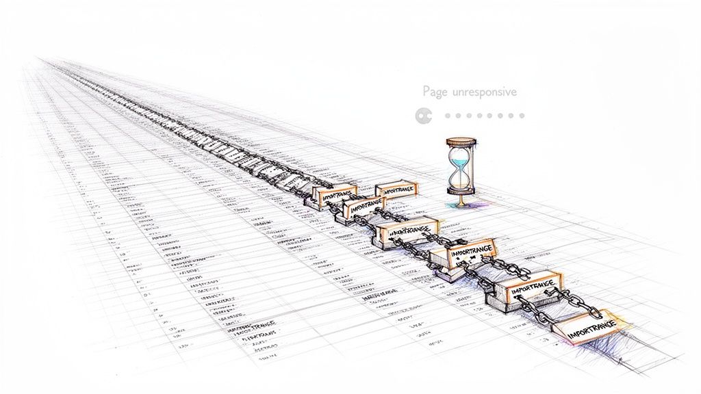 Chained 'IMPORTRANGE' blocks on a spreadsheet grid, an hourglass, and 'Page unresponsive' message, illustrate Google Sheets processing delays.