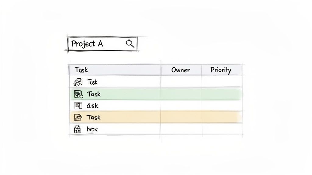 Hand-drawn sketch of a project management table for 'Project A' showing tasks, owner, and priority.