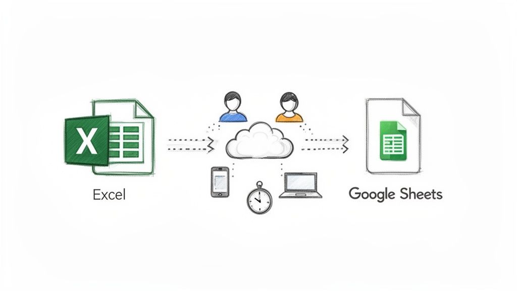 Diagram showing Excel files converting to Google Sheets via cloud for collaborative access on devices.