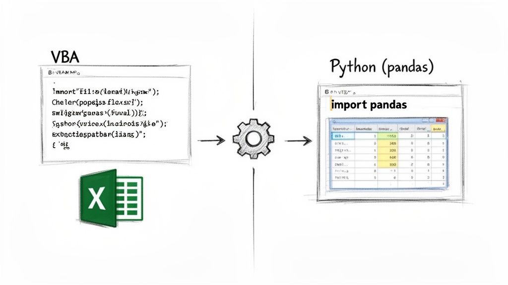 Diagram illustrating the migration of VBA code in Excel to Python with pandas for data processing.