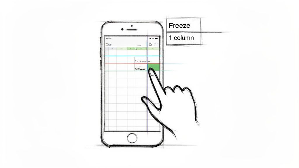 A hand interacts with a smartphone screen showing a spreadsheet, selecting to freeze one column.