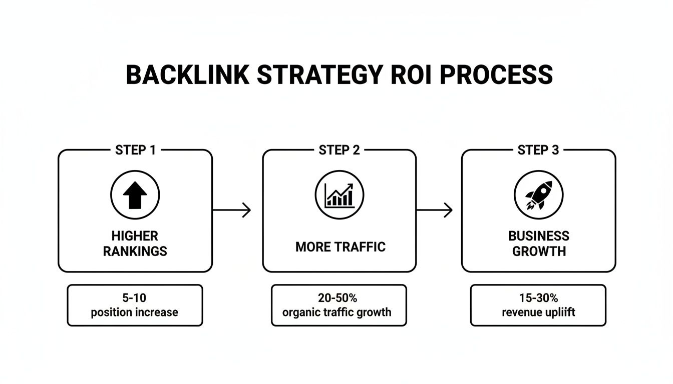 Diagram showing the Backlink Strategy ROI Process: Higher Rankings lead to More Traffic, then Business Growth.