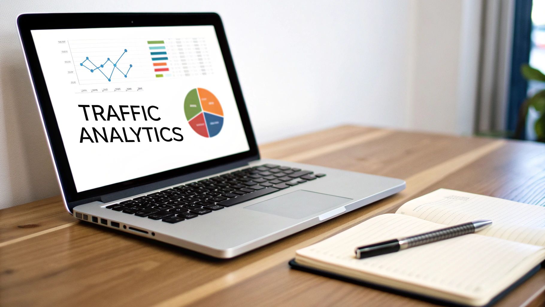 A laptop showing 'TRAFFIC ANALYTICS' charts and data, with a notebook and pen on a wooden desk.