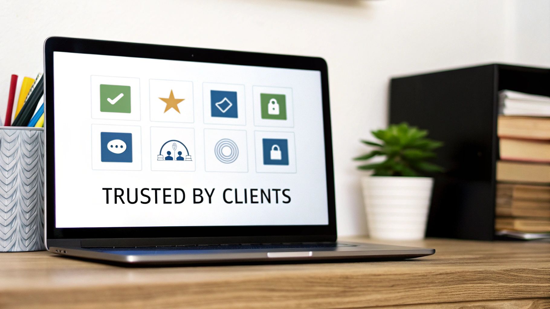 A laptop screen displays "Trusted by Clients" with icons, on a wooden desk with office items.