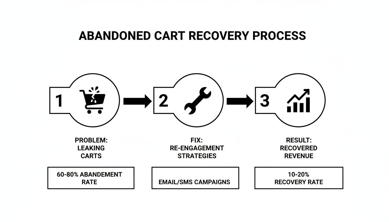 Diagram illustrating the three-step abandoned cart recovery process, showing problem, fix, and result.