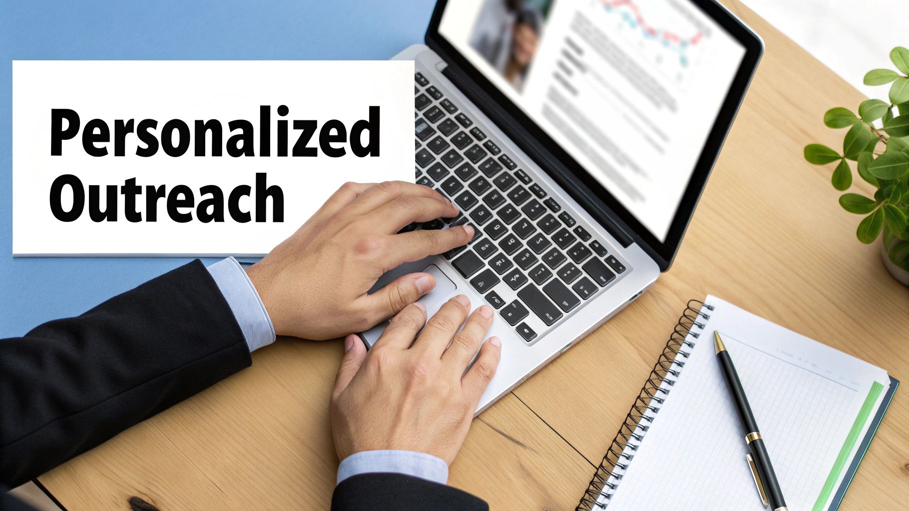 A person types on a laptop next to a card reading "Personalized Outreach", a notebook, and a plant.
