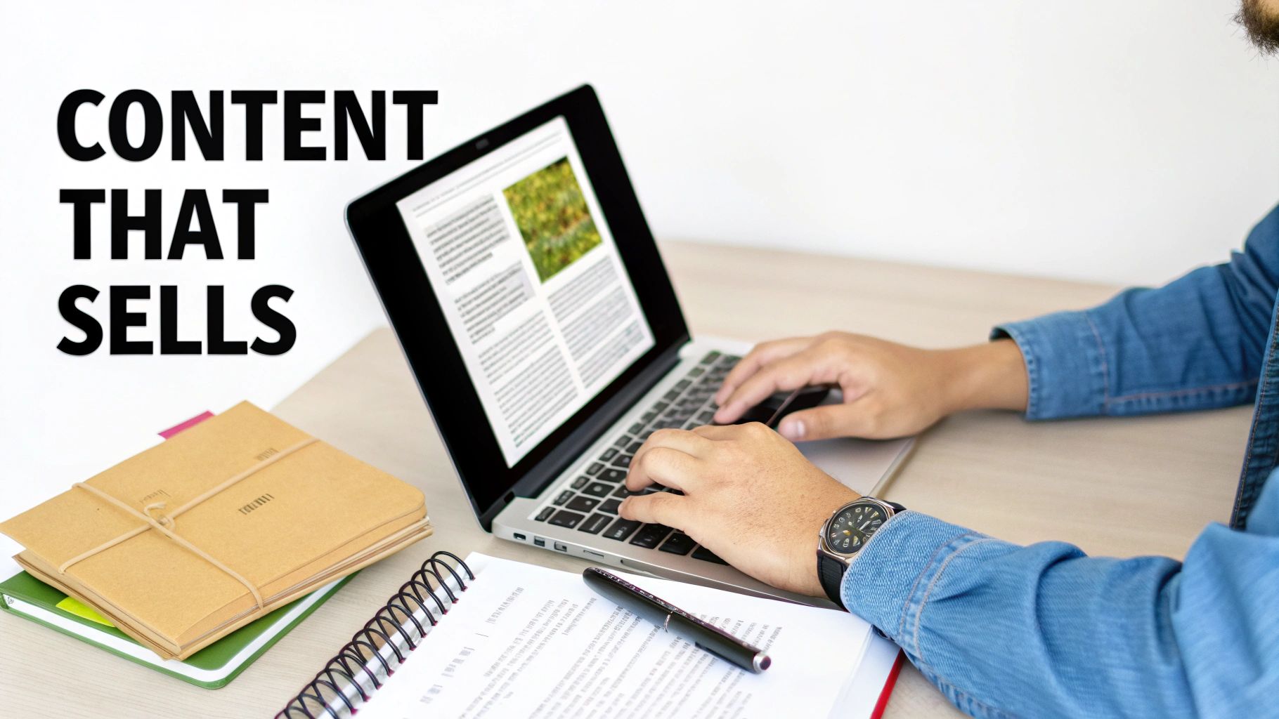 Close-up of hands typing on a laptop displaying an article, with 'CONTENT THAT SELLS' overlay.