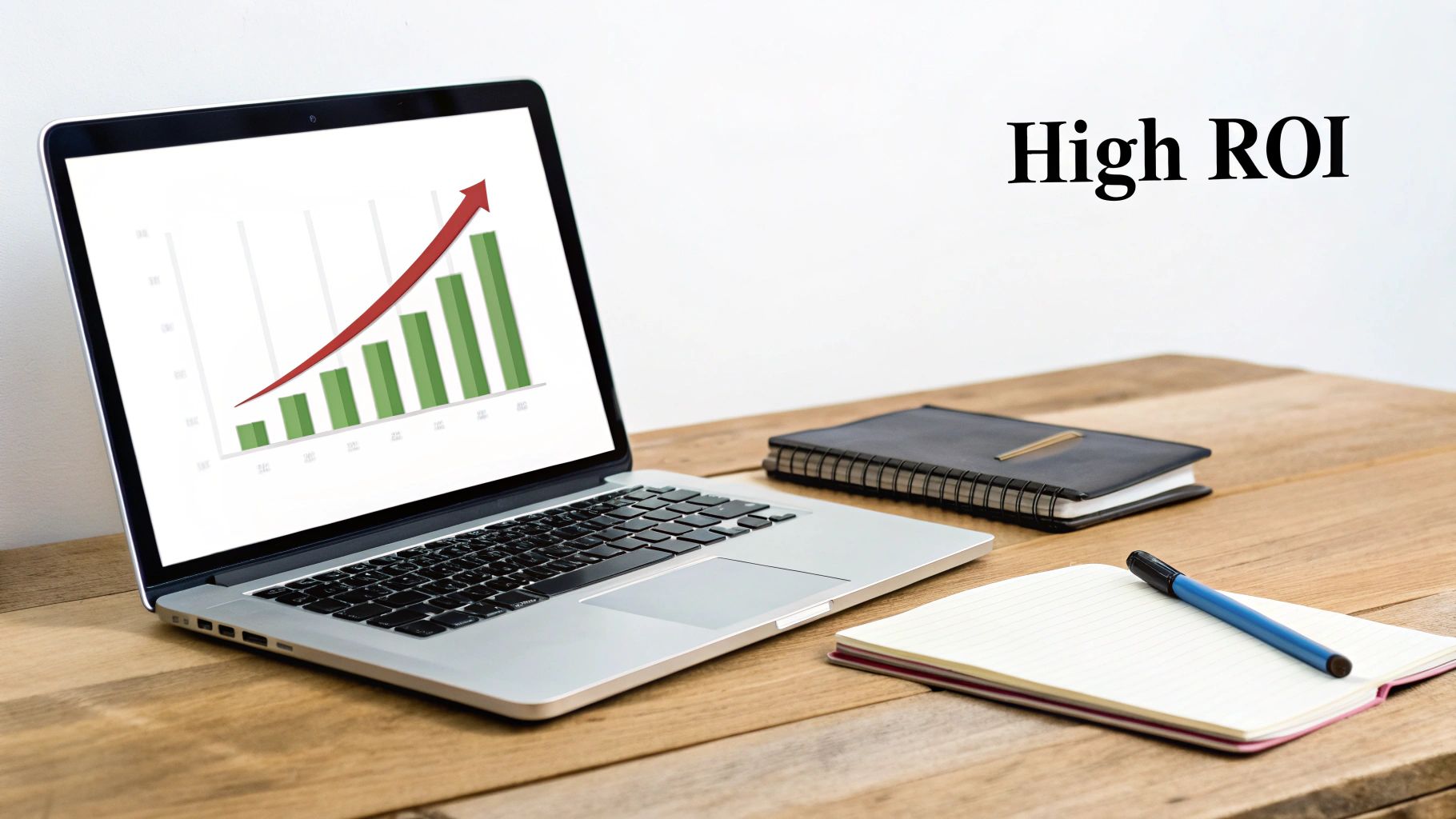 Laptop displaying a bar graph with an upward trend and red arrow, symbolizing High ROI on a wooden desk.