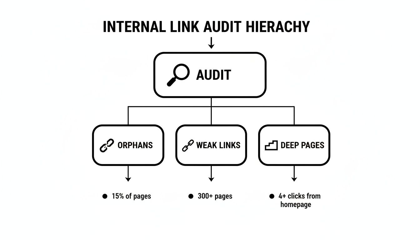 Diagram illustrating an internal link audit hierarchy with categories like orphans, weak links, and deep pages.