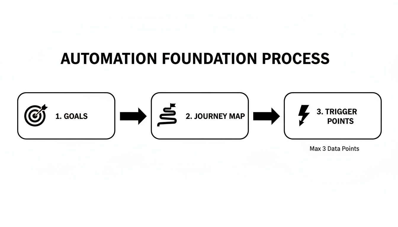A three-step flowchart illustrating the automation foundation process: Goals, Journey Map, and Trigger Points.
